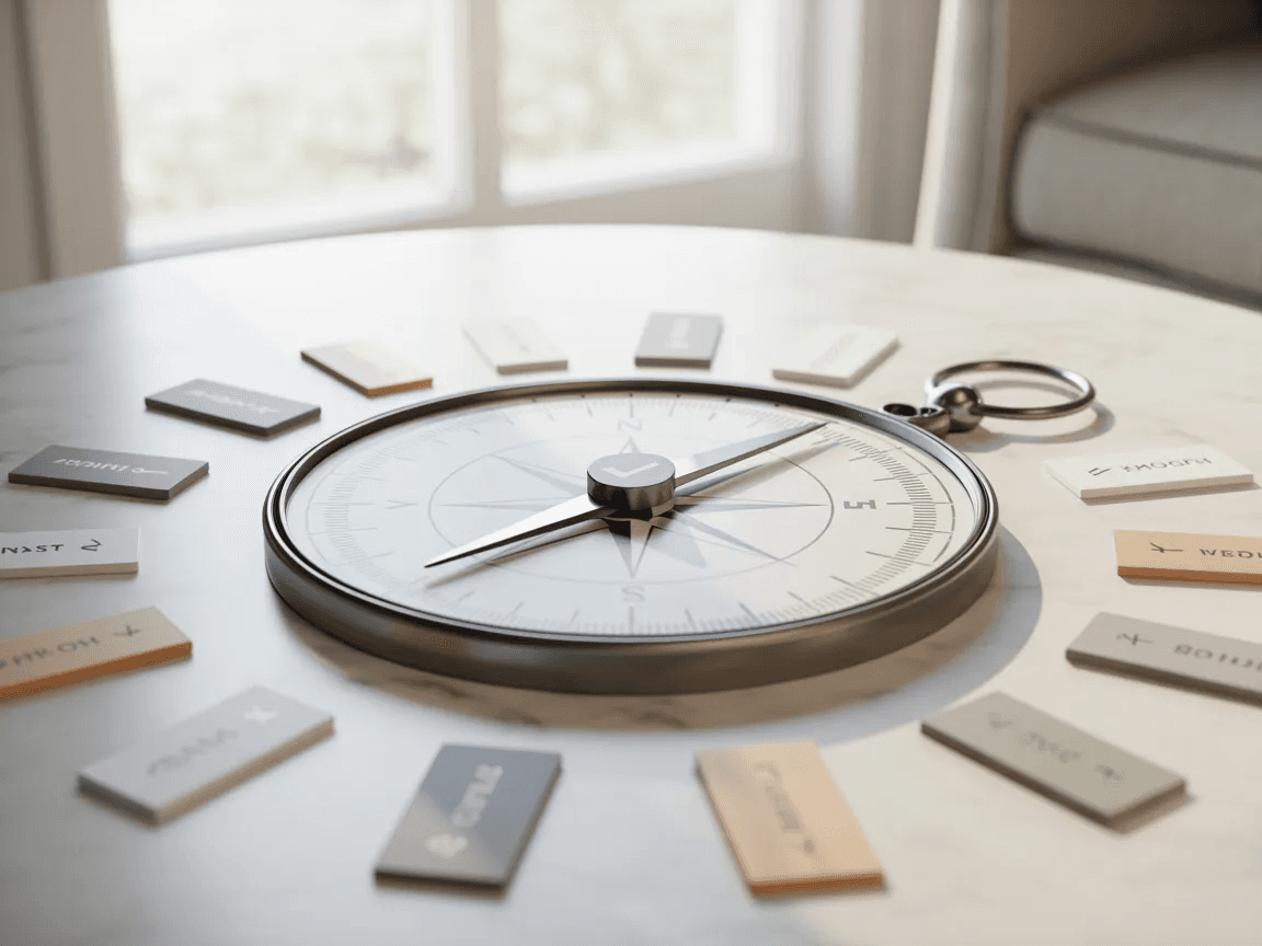 Compass on a table representing different product search paths.
