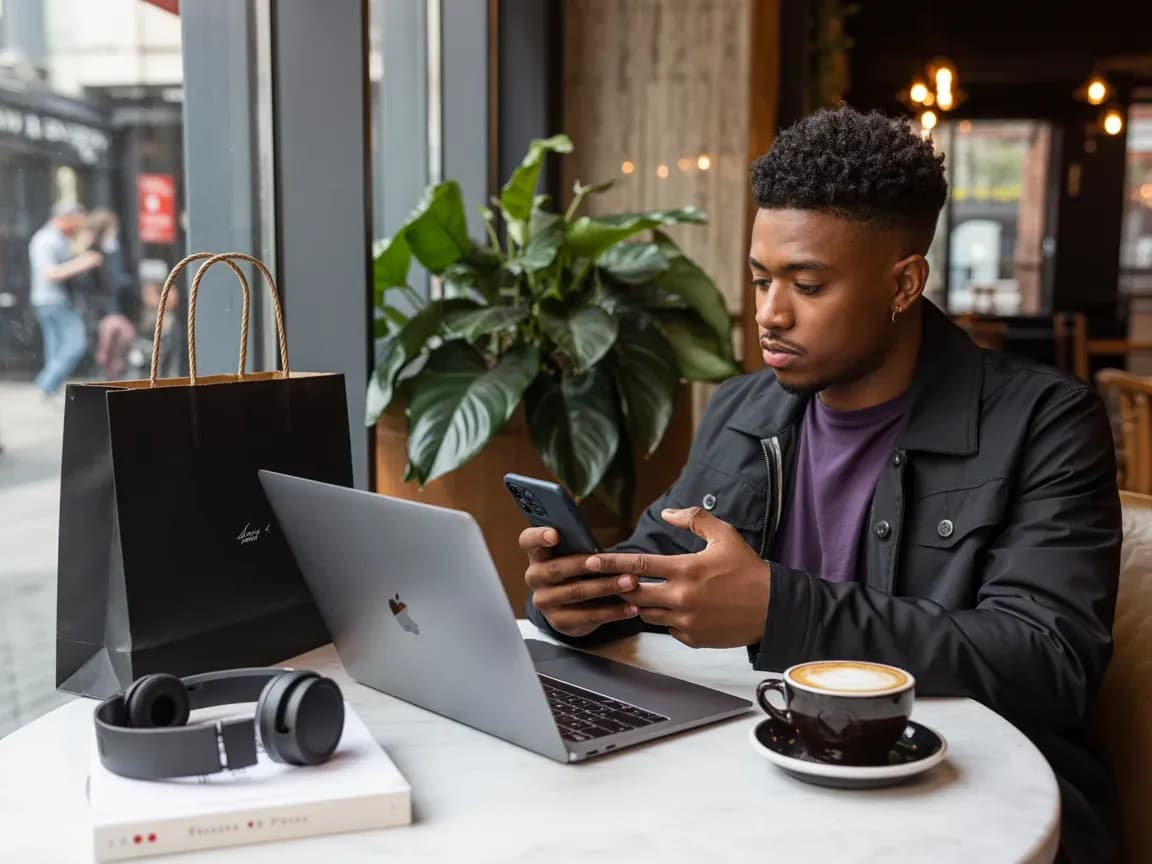Man using phone in a cafe to compare prices of different products