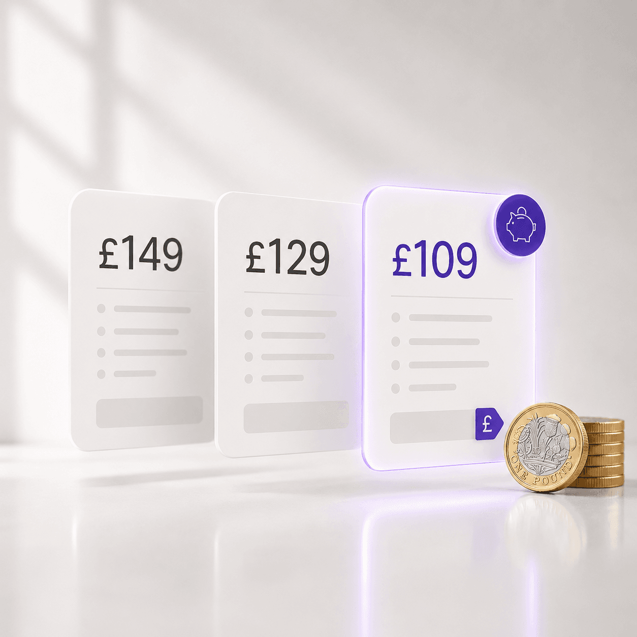 Price comparison cards showing lower UK prices and pound coins.