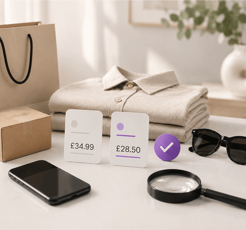 Folded clothing with price cards and shopping items on a desk.