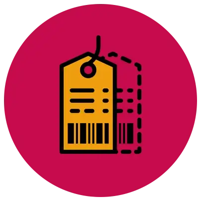 Icon of a yellow price tag with a barcode, against a pink background, symbolizing pricing or shopping.