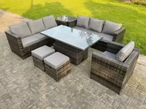 9 Seater Outdoor Rattan Sofa Set Adjustable Rising Lifting Side Tables Chairs Footstool Dark Grey Mixed