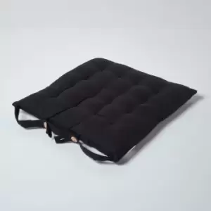 Homescapes - Black Plain Seat Pad with Button Straps 100% Cotton 40 x 40 cm