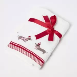 HOMESCAPES Dachshund Embroidered 100% Cotton Christmas Hand Towel - Red & White