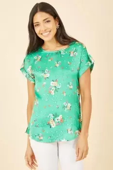 Green Satin Floral Relaxed Fit Top