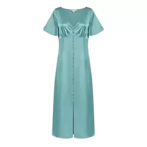 Yumi Blue Satin Button Down Midi Dress - Blue