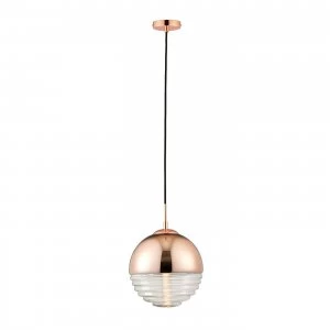 1 Light Globe Ceiling Pendant Copper Plated, Clear Ribbed Glass, E14