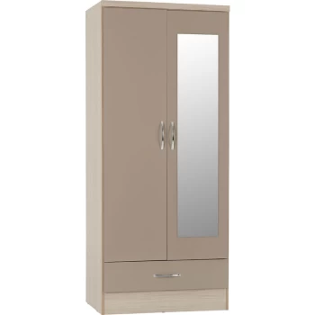 Nevada Mirrored 2 Door 1 Drawer Wardrobe Oyster Gloss & Light Oak - Seconique