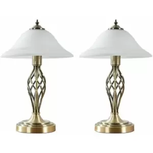 2 x Antique Brass Barley Twist Table Lamps Frosted Alabaster Shade - No Bulbs