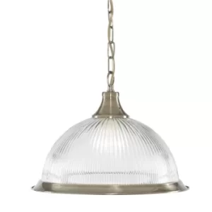American Diner 1 Light Dome Ceiling Pendant Antique Brass, Ribbed Glass, E27
