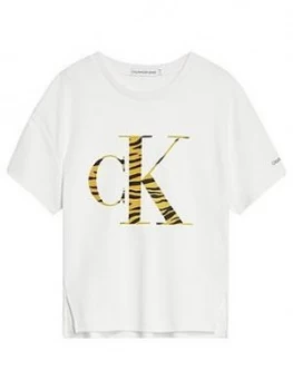 Calvin Klein Jeans Girls Animal CK Flock T-Shirt, White, Size Age: 16 Years, Women
