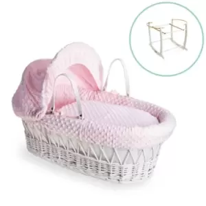 Clair de Lune Dimple White Wicker Moses Basket in Pink & White Deluxe Rocking Stand - Pink