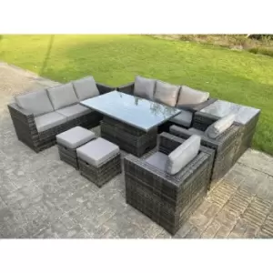 10 Seater Outdoor Rattan Garden Furniture Adjustable Rising Lifting Side Tables Small Footstools Dark Grey Mixed - Fimous