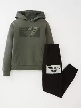 EA7 Emporio Armani Boys Graphic Hoodie & Jogger Set - Khaki/Black, Khaki/Black, Size Age: 14 Years