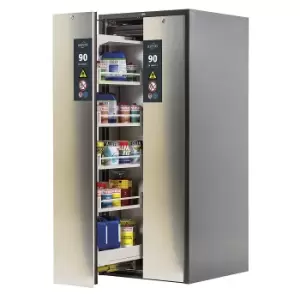 asecos Type 90 fire resistant vertical pull-out cabinet, 2 drawers, 8 tray shelves, grey/stainless steel