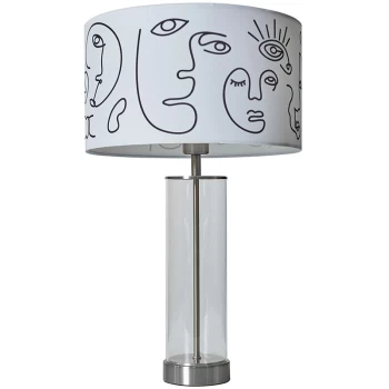 Brushed Chrome & Clear Tube Table Lamp With Large Lampshade - Art Face Design