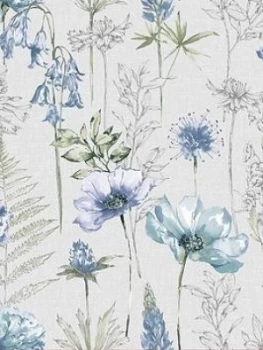 Fresco Floral Sketch Blue Wallpaper Paper