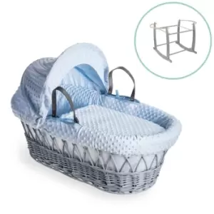 Clair de Lune Dimple Grey Wicker Moses Basket in Blue & Grey Deluxe Rocking Stand - Blue