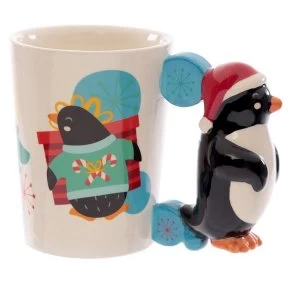Christmas Penguin Shaped Handle Ceramic Mug