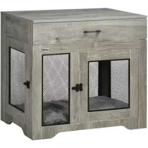 Modern Pet Crate End Table w/ Double Doors, Drawer, for Medium Dogs - Grey - Pawhut