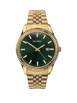Sekonda Mens Classic King Gold Stainless Steel Bracelet with Green Dial Analogue Watch, Gold, Men