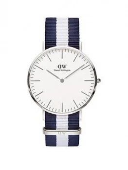 Daniel Wellington Glasgow White And Silver Gold Detail 40Mm Dial Blue And White Stripe Nato Strap Watch