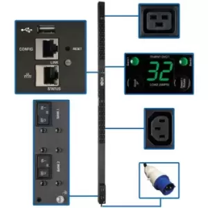 Tripp Lite PDUMNV32HV2LX 7.7kW Single-Phase Monitored PDU LX Interface 200-240V Outlets (36 C13/6 C19) IEC 309 32A Blue 10 ft. (3.05 m) Cord 0U 1.8m/7