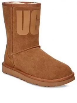UGG Classic Short Rubber Logo Calf Boots - Chestnut, Size 3, Women