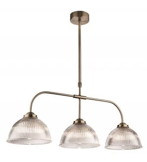 3 Light Bar Ceiling Pendant Antique Brass with Clear Ribbed Glass, E14