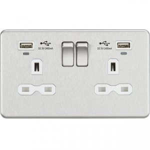 5 PACK - 13A 2G Switched Socket, Dual USB (2.4A) with LED Charge Indicators - Brushed Chrome w/white insert