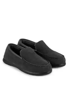 Totes Isotoner Iso-flex Real Suede Moccasin Slippers with Leather Binding, Dark Grey, Size 10, Men