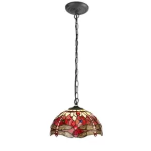 1 Light Downlighter Ceiling Pendant E27 With 30cm Tiffany Shade, Purple, Pink, Crystal, Aged Antique Brass - Luminosa Lighting
