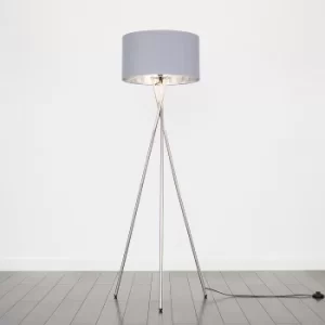 Camden Brushed Chrome Tripod Floor Lamp with XL Grey and Chrome Reni S