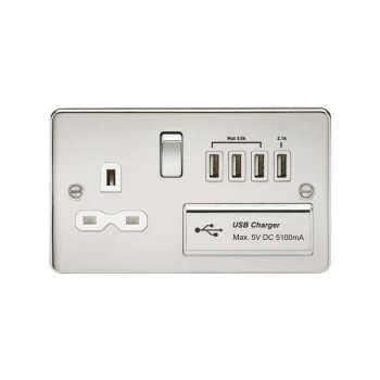 Flat plate 13A switched socket with quad USB charger - polished chrome with white insert - Knightsbridge