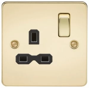 10 PACK - Flat plate 13A 1G DP switched socket - polished brass with Black insert