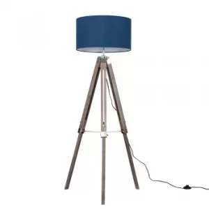 Clipper Light Wood and Chrome Floor Lamp with XL Navy Blue Reni Shade