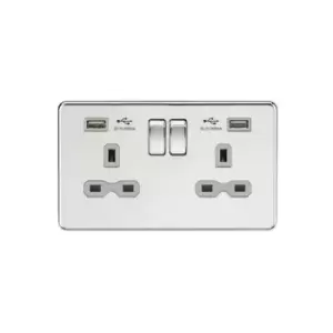 Knightsbridge - 13A 2G Switched Socket with Dual usb Charger (2.4A) - Polished Chrome with Grey Insert