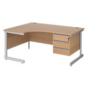 Left Hand Ergonomic Desk with 3 Lockable Drawers Pedestal and Beech Coloured MFC Top with Silver Frame Cantilever Legs Contract 25 1600 x 1200 x 725 m