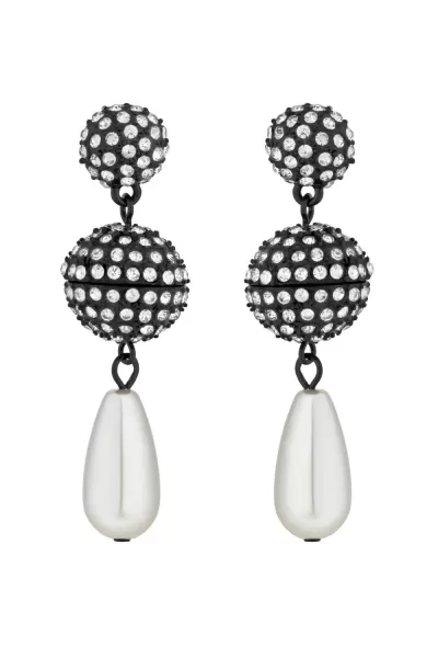Hematite Crystal Disco Ball Pearl Charm Drop Earrings