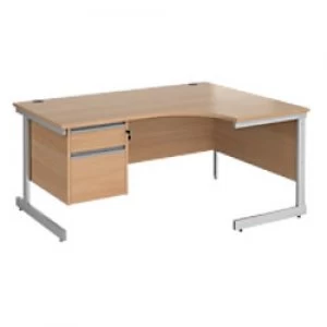 Right Hand Ergonomic Desk with 2 Lockable Drawers Pedestal and Beech Coloured MFC Top with Silver Frame Cantilever Legs Contract 25 1600 x 1200 x 725