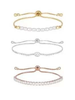 Mood Tri Tone Crystal And Pearl Pretty Toggle Bracelets - Pack of 3, Silver, Women