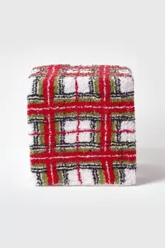 Tartan Pattern Tufted Cotton Cube Pouffe