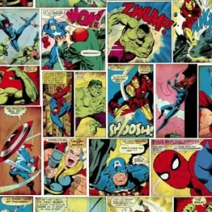 Marvel Avengers Wallpaper Multi Coloured Hulk Thor Ironman Comic Strip Kids Room
