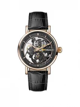 Ingersoll 1892 The Herald Black And Rose Gold Skeleton Dial Black Leather Strap Automatic Mens Mens Watch