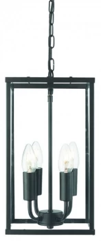 4 Light Ceiling Lantern Pendant Matt Black, Glass Panels, E14
