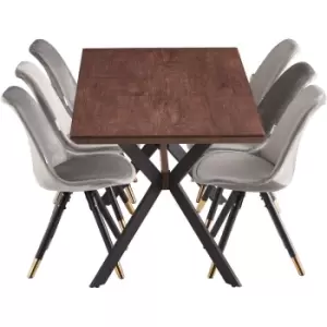 7 Pieces Life Interiors Sofia Blaze Dining Set - an Extendable Walnut Rectangular Wooden Dining Table and Set of 6 Dark Grey Dining Chairs - Dark Grey