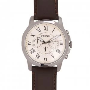 Fossil Grant Brown Leather Strap Watch - Silver