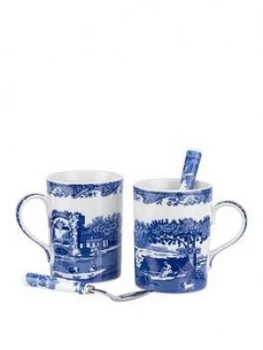 Portmeirion Spode Blue Italian Set Of 2 Mugs And 2 Teaspoons