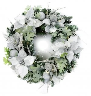 Premier Decorations 60cm Pre-Lit Poinsettia Wreath - White