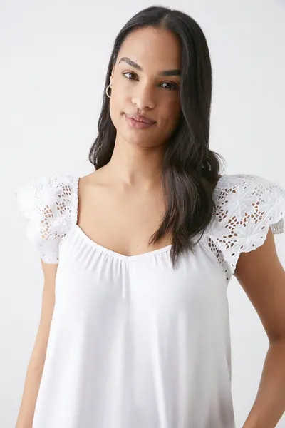 Dorothy Perkins Broderie Frill Sleeve Top White